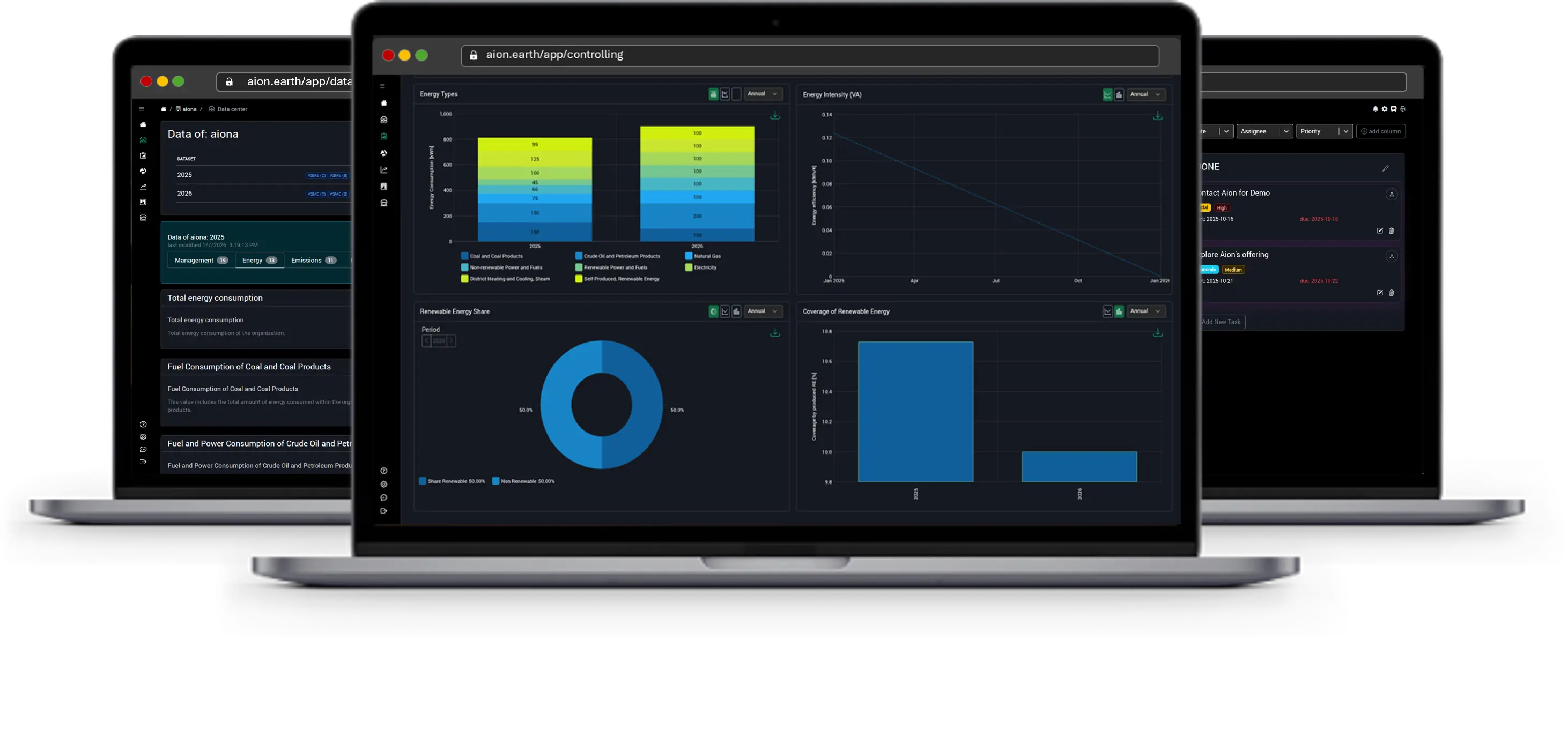 image: three product mockups showing sustainability platform